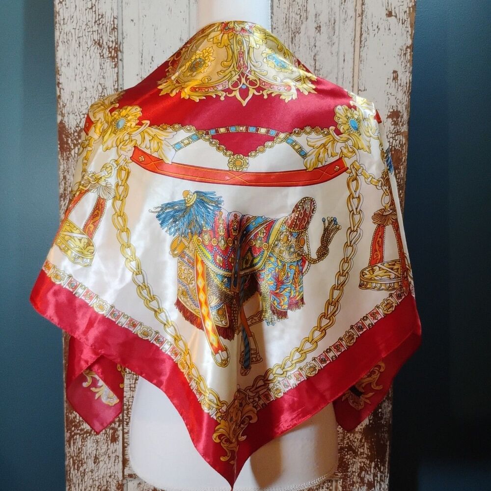 B.O.S.I. Silk Satin Square Boho/Indie/Artsy Scarf Red White Gold  Print Logo